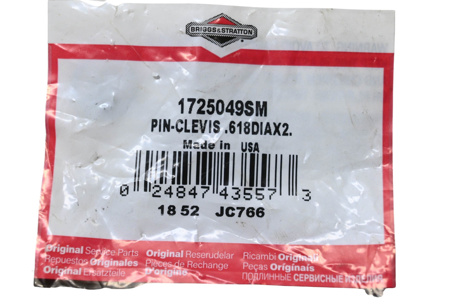 New OEM Briggs & Stratton 1725049SM Clevis Pin .618DIAx2 NOS