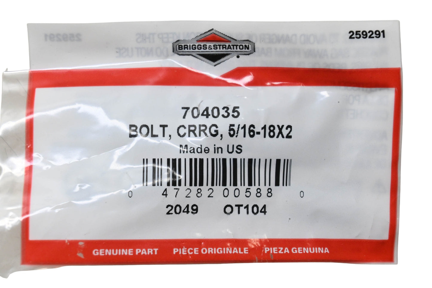 New OEM Briggs & Stratton 704035 Carriage Bolt 5/16-18x2 NOS