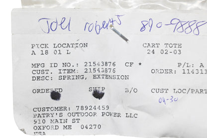 Ariens 21543876 Extension Spring NOS