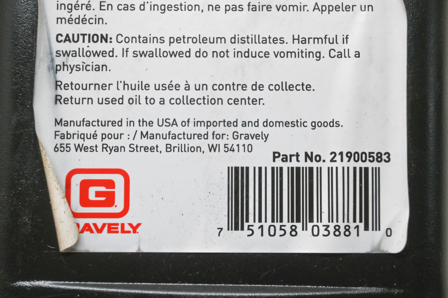 Gravely 21900583 5W-50 Full Synthetic 4-Cycle Engine Oil 1QT NOS