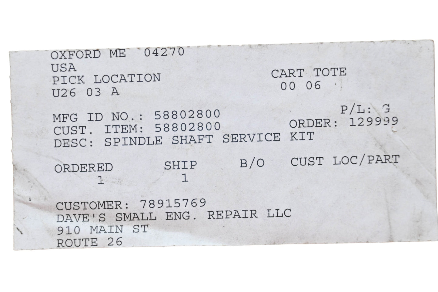 Ariens 58802800 Spindle Shaft Service Kit NOS