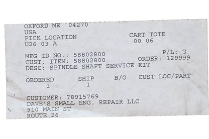 Ariens 58802800 Spindle Shaft Service Kit NOS