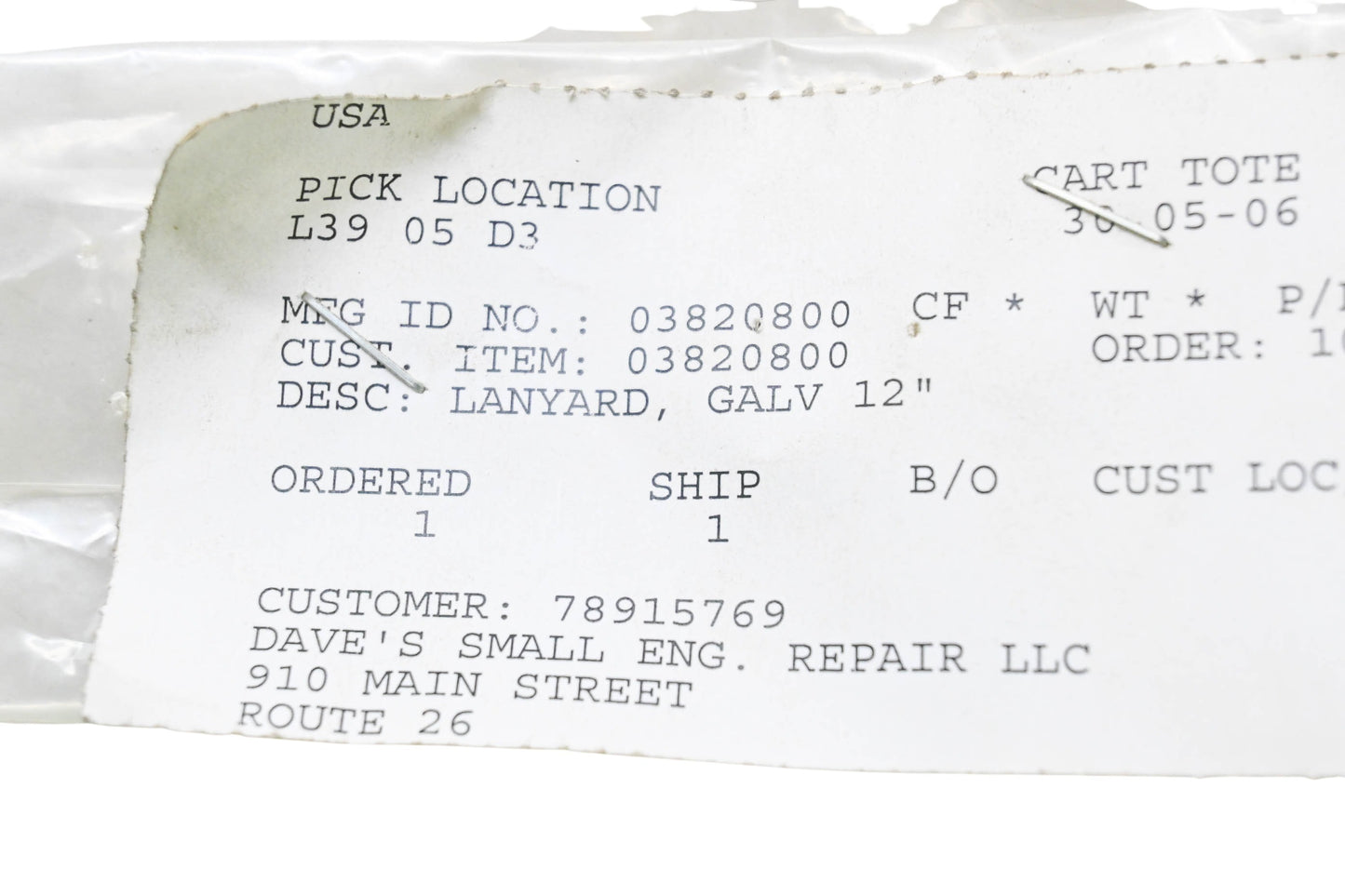 Ariens 03820800 Galvanized Lanyard NOS