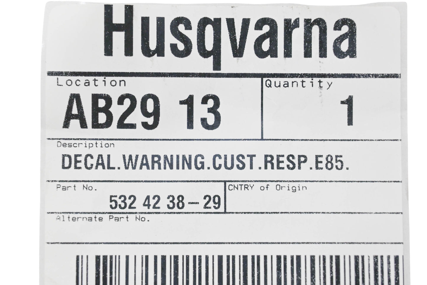 New OEM Husqvarna 532 42 38-29, 532423829 Warning Decal NOS