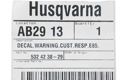 New OEM Husqvarna 532 42 38-29, 532423829 Warning Decal NOS