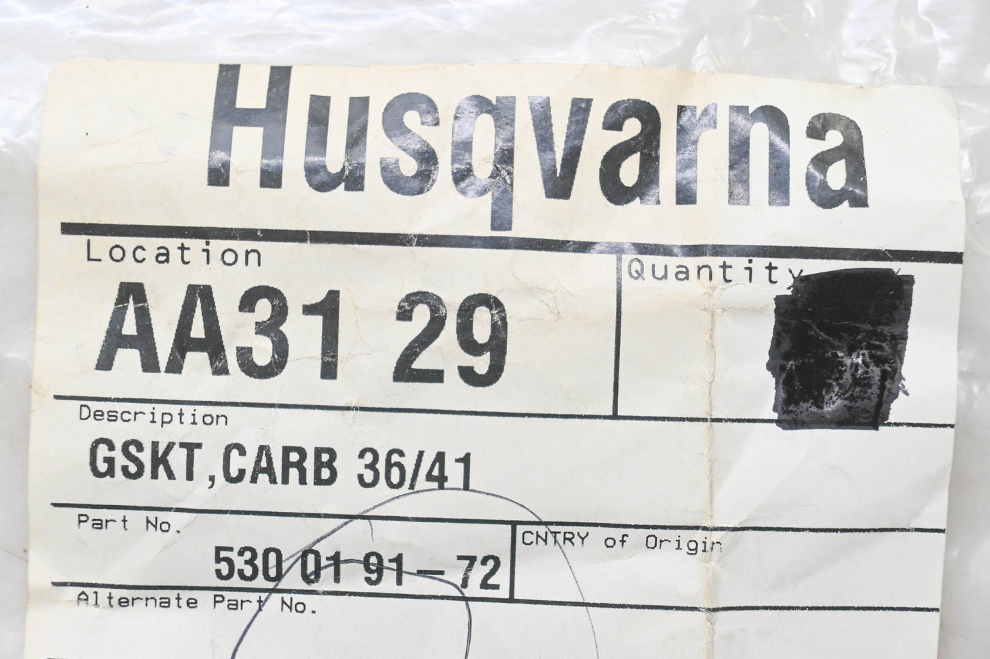 New OEM Husqvarna 530 01 91-72, 530019172 Carburetor Gasket NOS