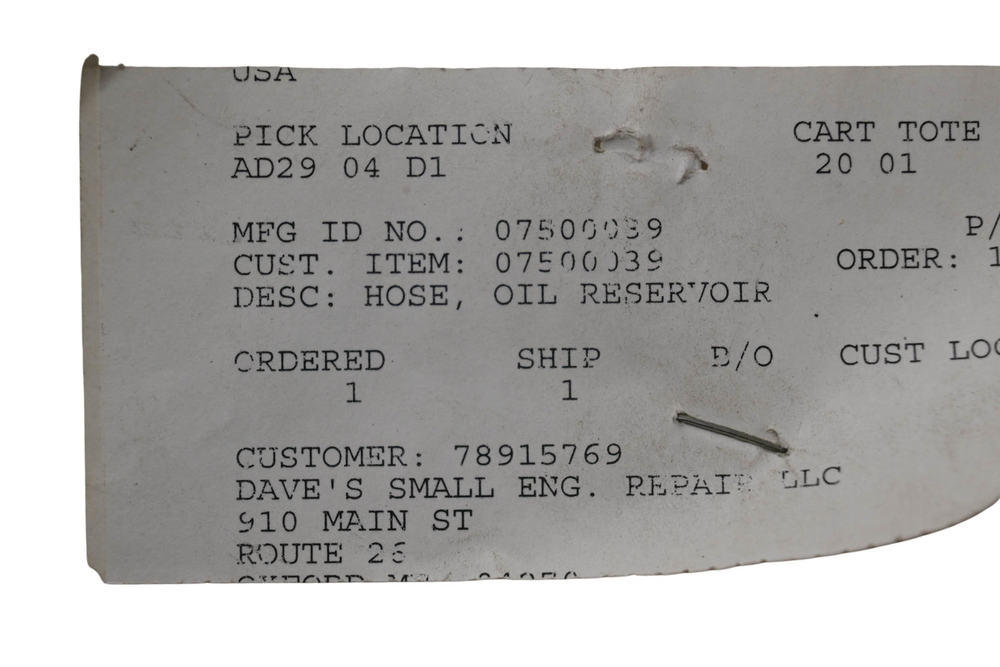Ariens 07500039 Oil Reservoir Hose NOS