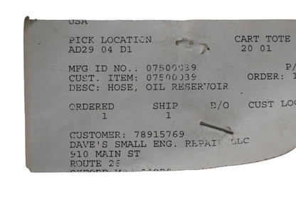 Ariens 07500039 Oil Reservoir Hose NOS