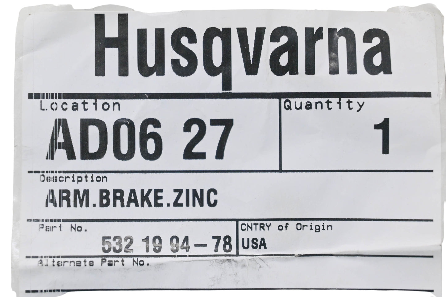 New OEM Husqvarna 532 19 94-78, 532199478 Zinc Brake Arm NOS