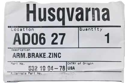 New OEM Husqvarna 532 19 94-78, 532199478 Zinc Brake Arm NOS