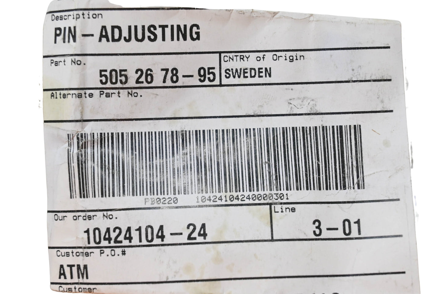 New OEM Husqvarna 505 26 78-95, 505267895 Adjusting Pin NOS