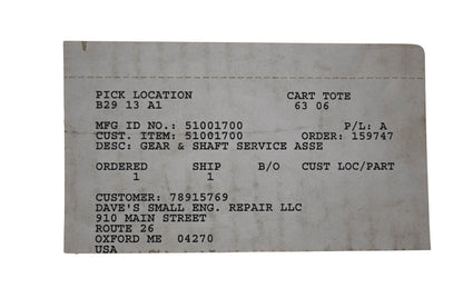 Ariens 51001700 Gear & Shaft Service Assembly NOS