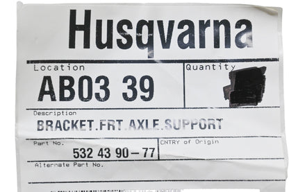 New OEM Husqvarna 532 43 90-77, 532439077 Front Axle Support Bracket NOS