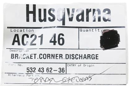 New OEM Husqvarna 532 43 62-36, 532436236 Discharge Bracket NOS