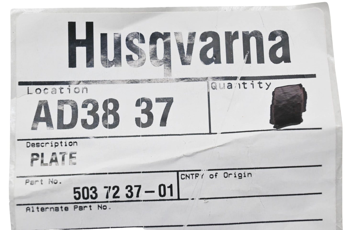 New OEM Husqvarna 503 72 37-01, 503723701 Plate NOS
