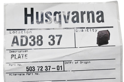New OEM Husqvarna 503 72 37-01, 503723701 Plate NOS