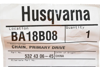 New OEM Husqvarna 532 43 06-45, 532430645 Primary Drive Chain NOS
