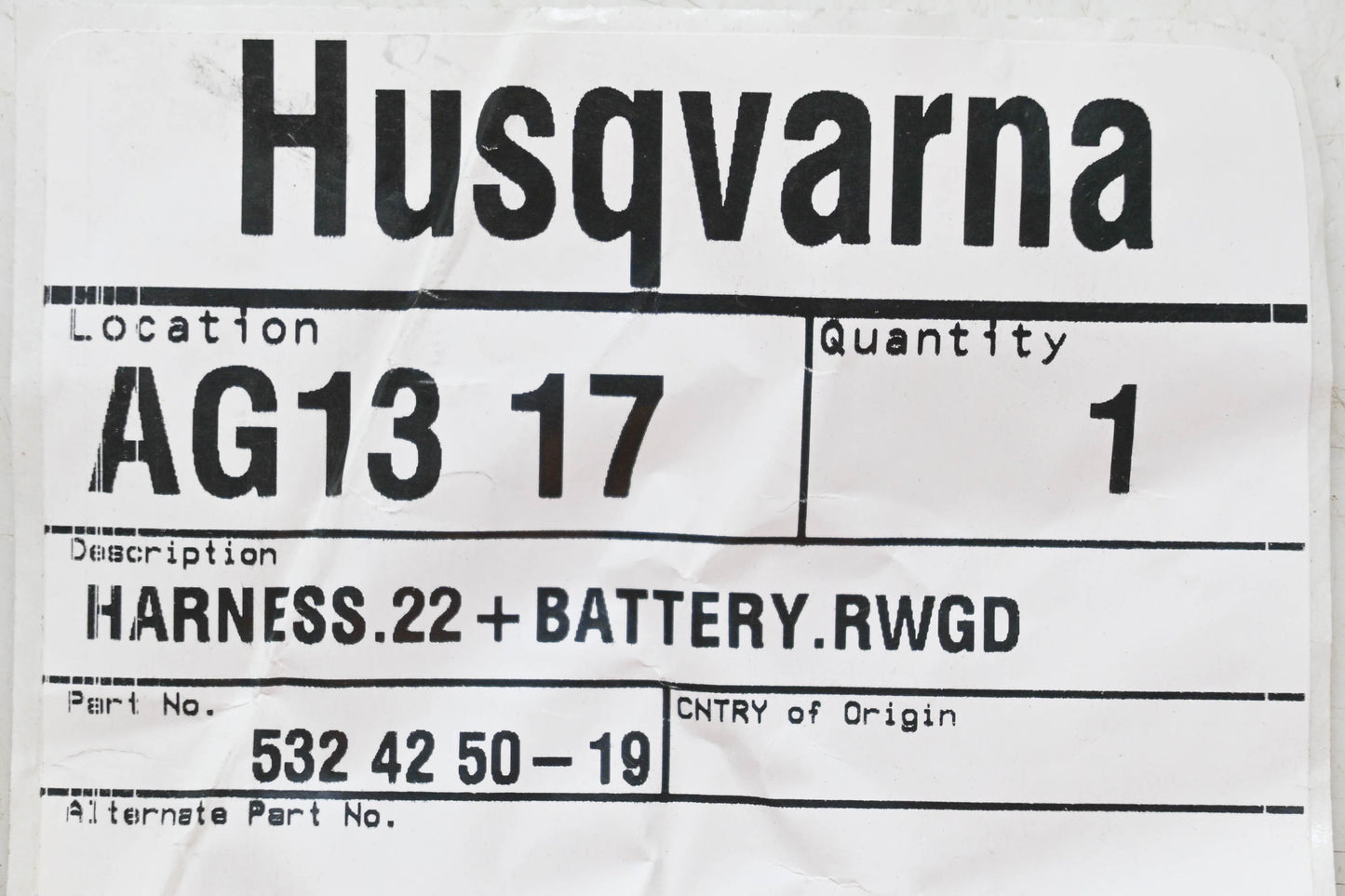 New OEM Husqvarna 532 42 50-19, 532425019 Harness NOS