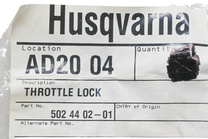 New OEM Husqvarna 502 44 02-01, 502440201 Throttle Lock NOS