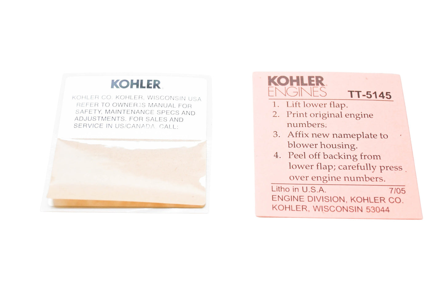 Kohler 41 037 10-S Service Nameplate NOS