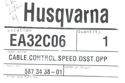 New OEM Husqvarna 587 34 38-01, 587343801 Control Cable NOS