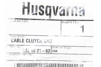 New OEM Husqvarna 532 10 21-62, 532102162 Tiller Clutch Cable NOS