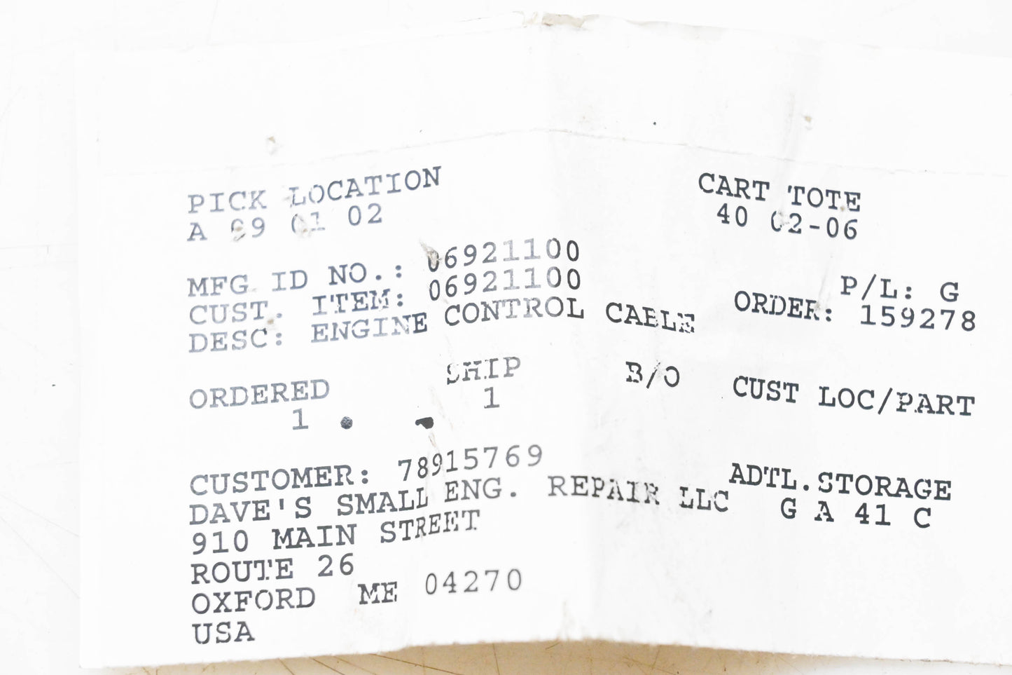 Ariens 06921100 Engine Control Cable NOS