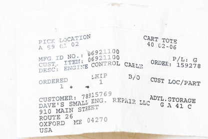 Ariens 06921100 Engine Control Cable NOS