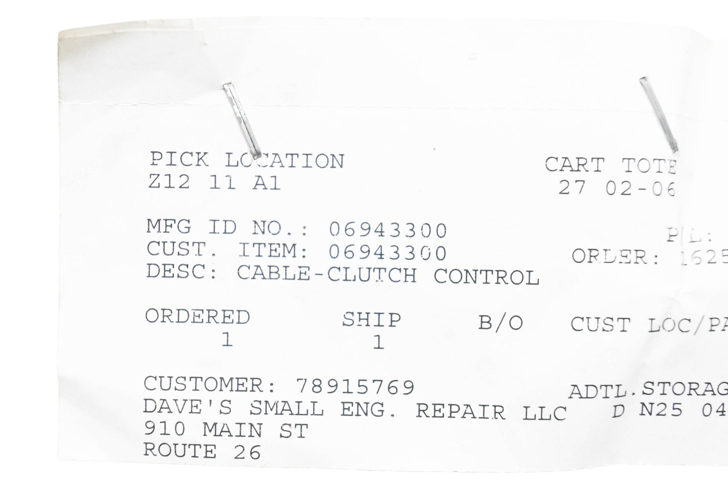 Ariens 06943300 Clutch Control Cable NOS