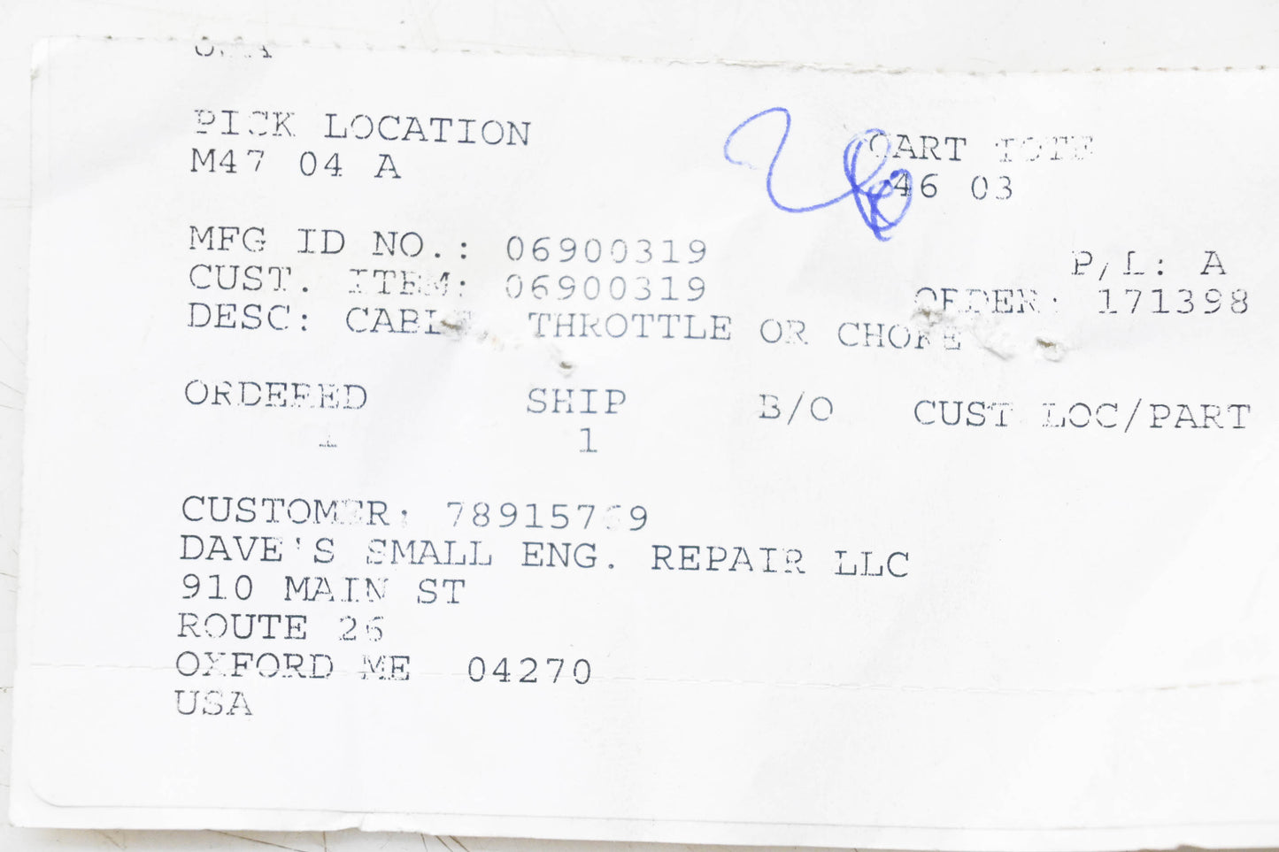 Ariens 06900319 Throttle Cable NOS