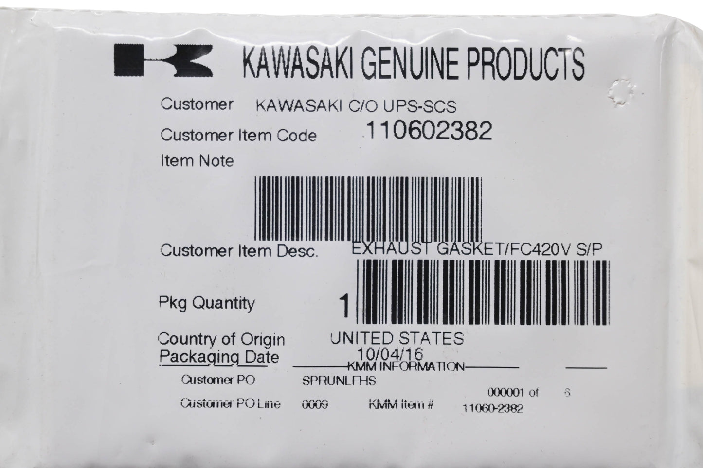 New OEM Kawasaki 110602382 Muffler Gasket NOS