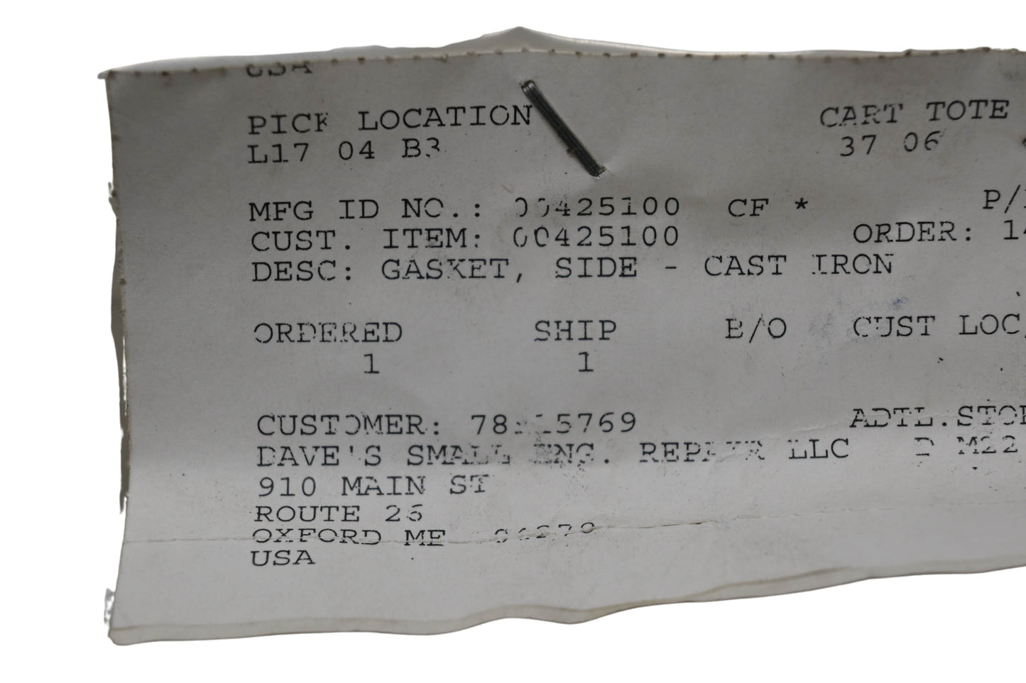 Ariens 00425100 Side Gasket NOS