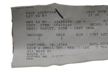 Ariens 00425100 Side Gasket NOS