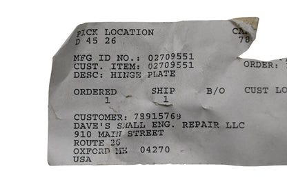 Ariens 02709551 Hinge Plate NOS