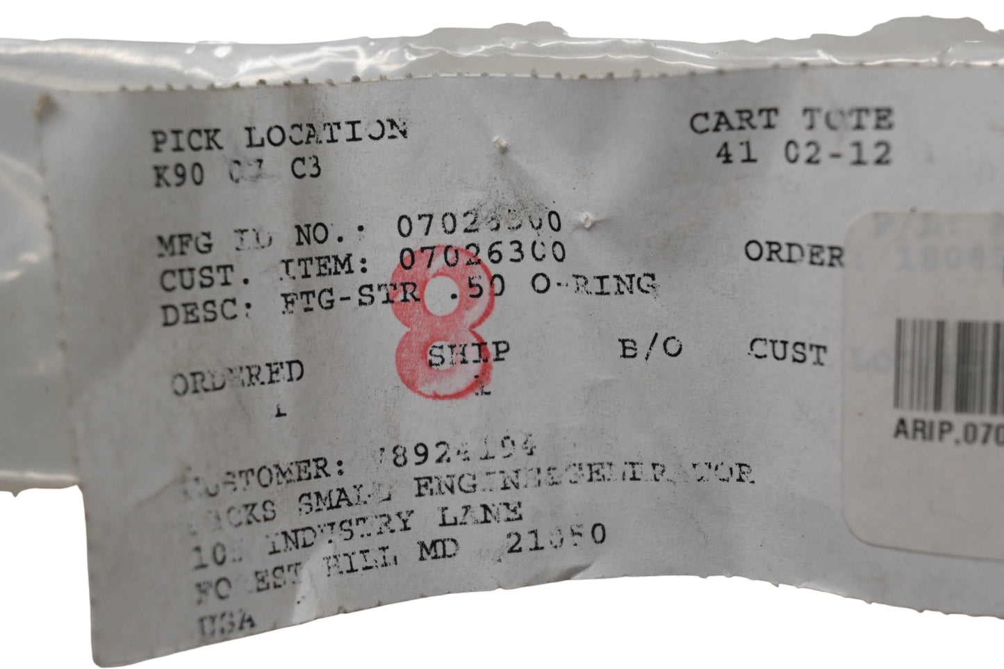 Ariens 07026300 O-Ring Fitting NOS