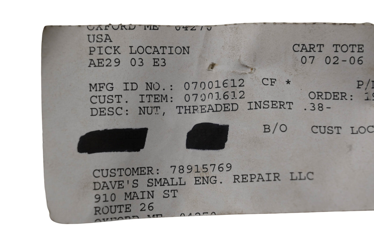 Ariens 07001612 Threaded Insert Nut NOS