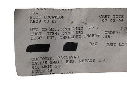 Ariens 07001612 Threaded Insert Nut NOS