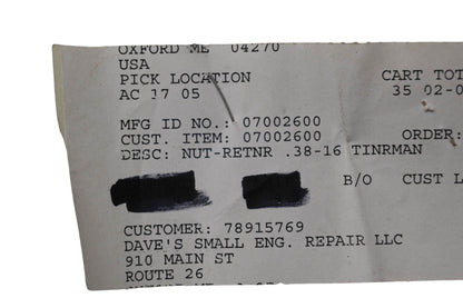Ariens 07002600 Retainer Nut NOS