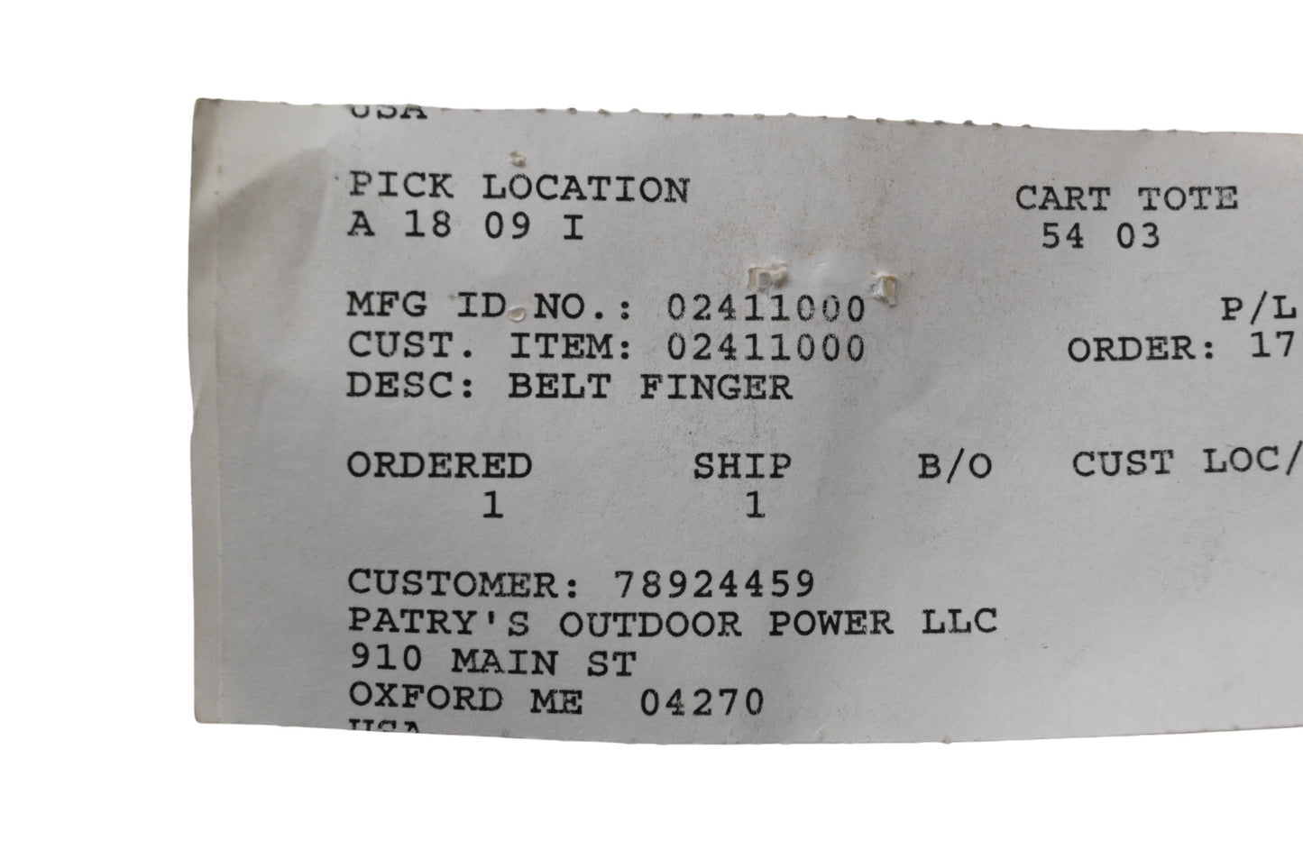 Ariens 02411000 Belt Finger NOS