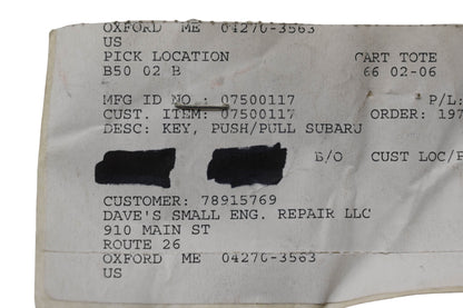 Ariens 07500117 Push Pull Subaru Key NOS