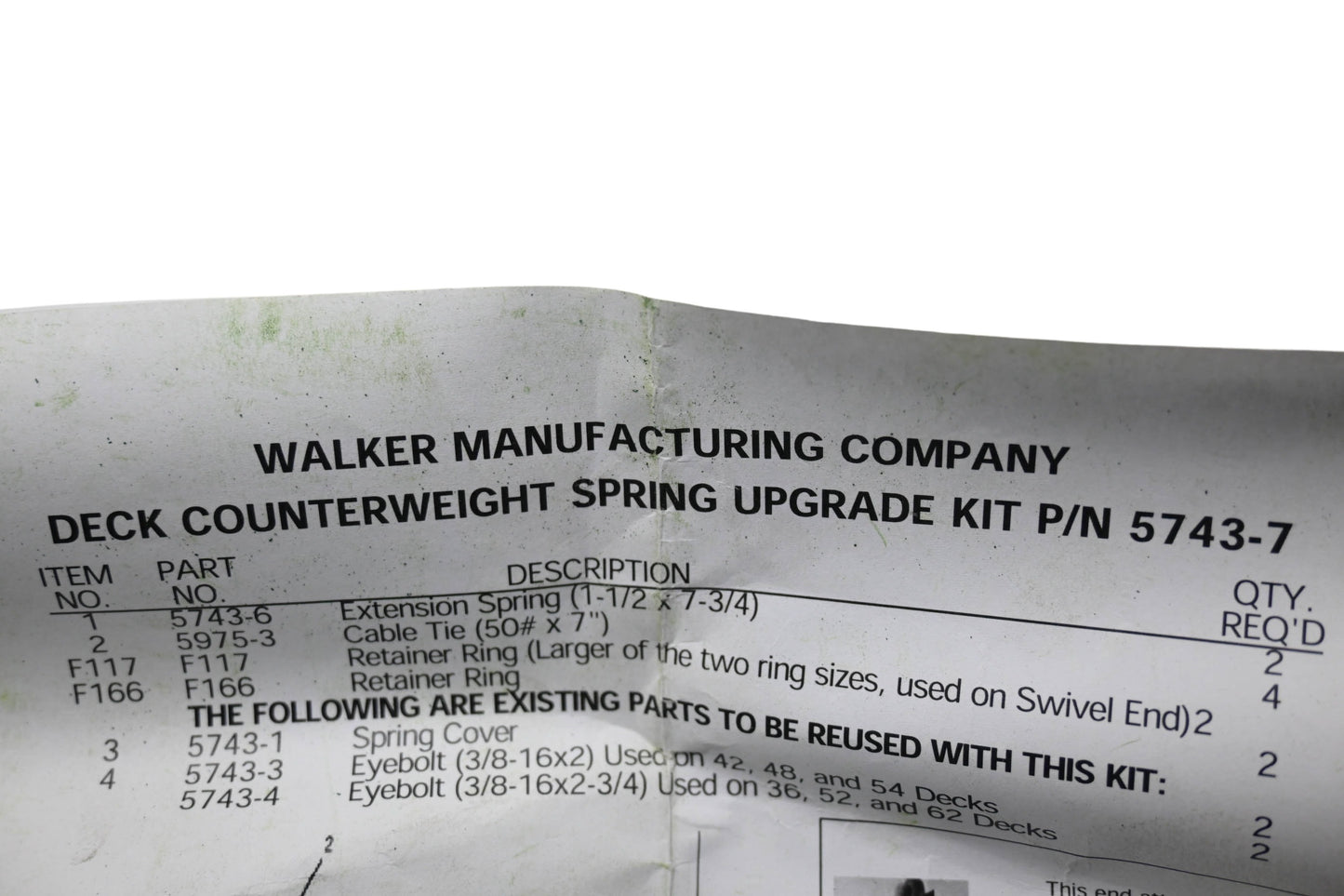 Walker 5743-7 Deck Counterweight Spring Upgrade Kit NOS