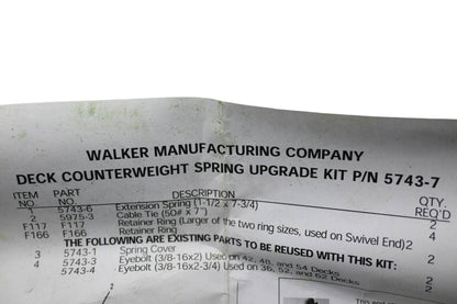 Walker 5743-7 Deck Counterweight Spring Upgrade Kit NOS
