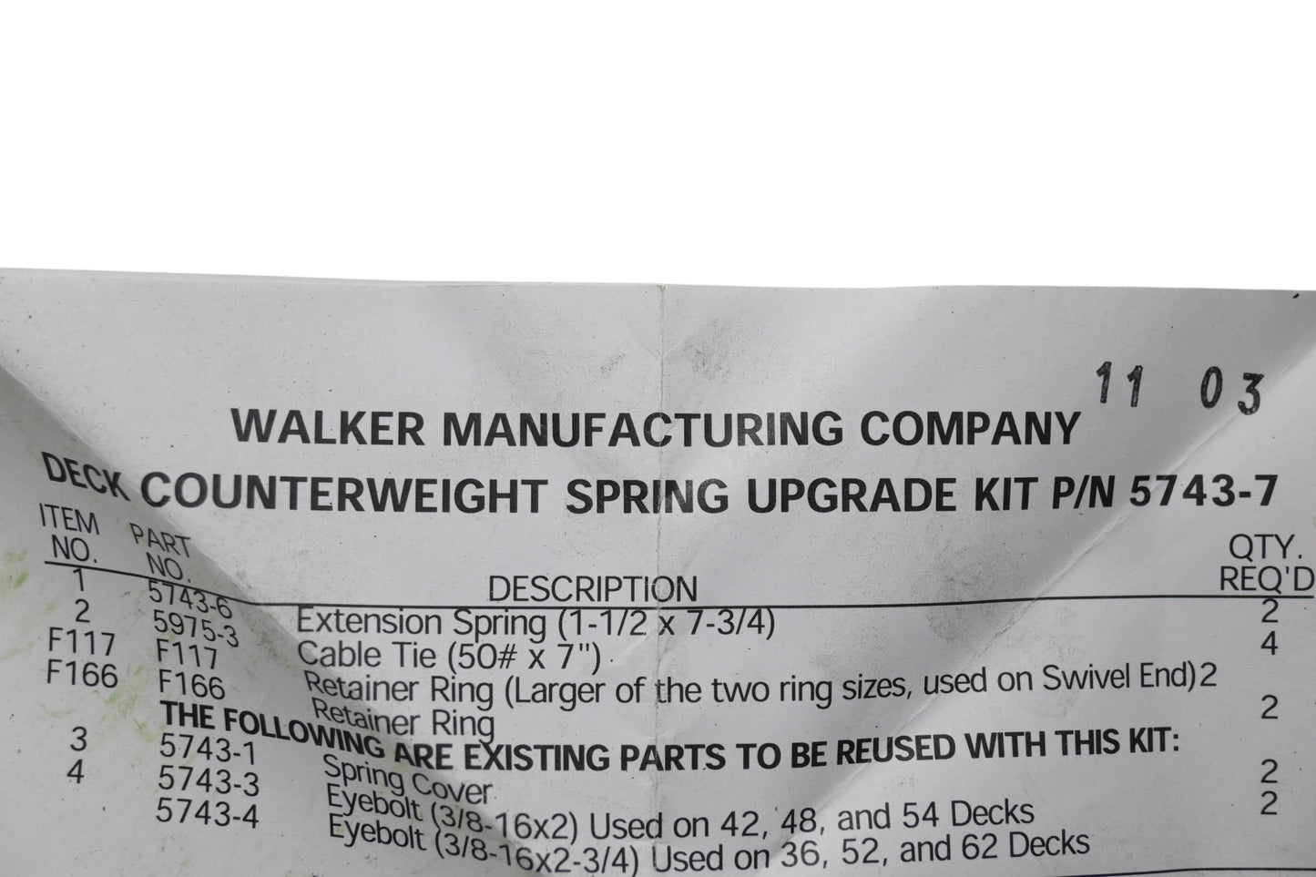 Walker 5743-7 Deck Counterweight Spring Upgrade Kit NOS