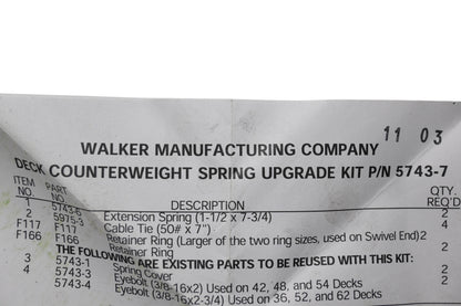 Walker 5743-7 Deck Counterweight Spring Upgrade Kit NOS