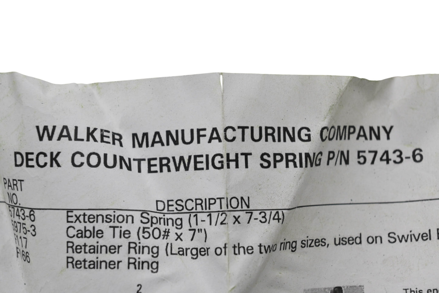 Walker 5743-6 Deck Counterweight Spring Kit NOS