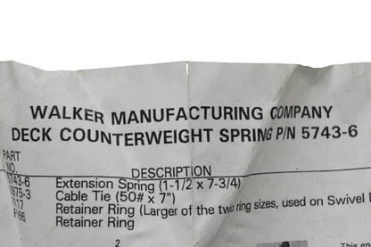 Walker 5743-6 Deck Counterweight Spring Kit NOS