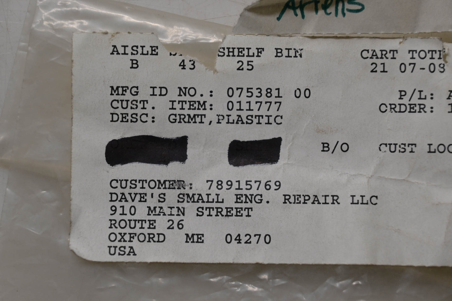 Ariens 07538100 Plastic Grommet NOS
