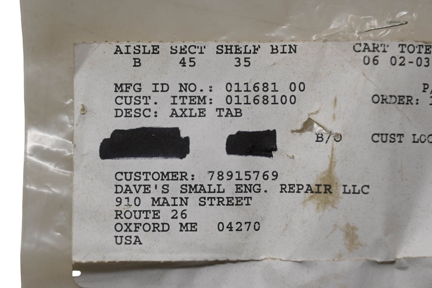 Ariens 01168100 Axle Tab NOS
