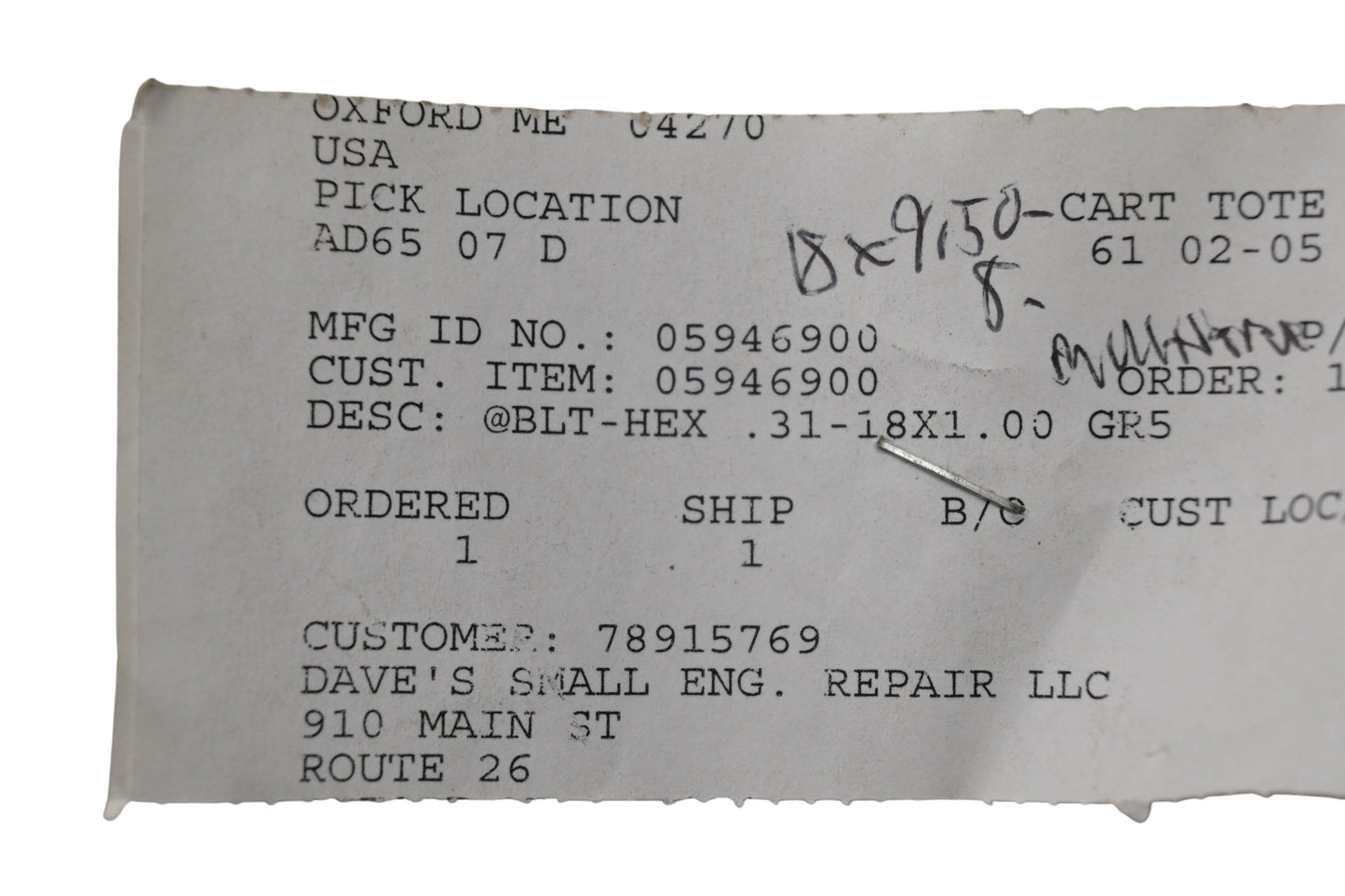 Ariens 05946900 Hex Bolt NOS