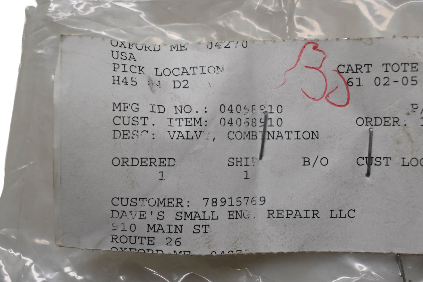 Ariens 04068910, 5185600 Combination Valve NOS